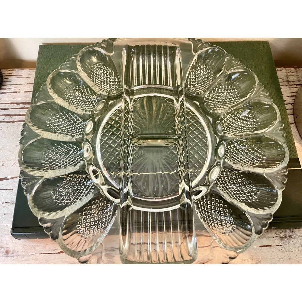 Vintage Indiana Hobnail Glass Ornate Deviled Egg Plate /Relish Section Rare MINT